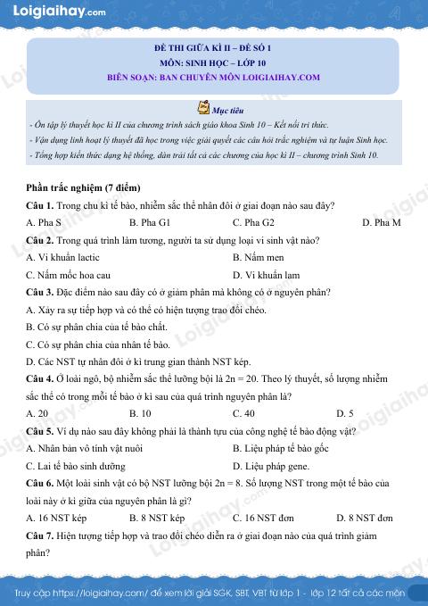 Đề thi giữa kì 2 Sinh 10 Kết nối tri thức - Đề số 1